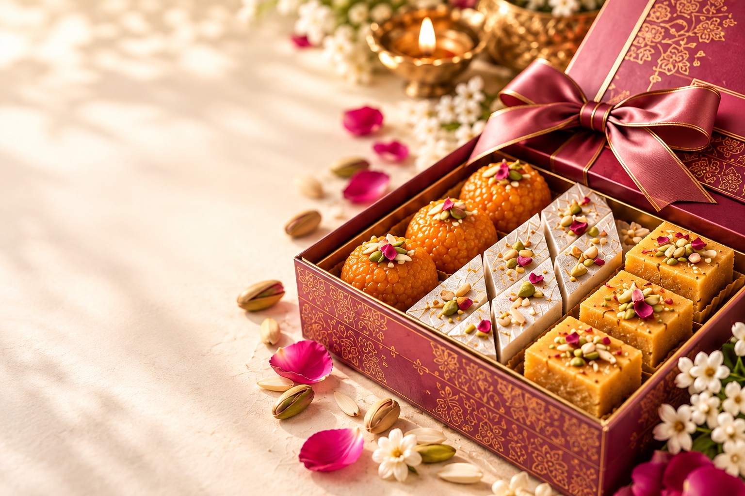 A berry gift box filled with Indian sweets